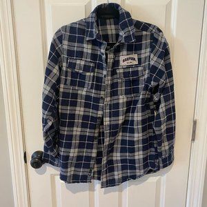 Navy and White Plaid Flannel Button Down with Harpoon Brewery Patch - Size Small